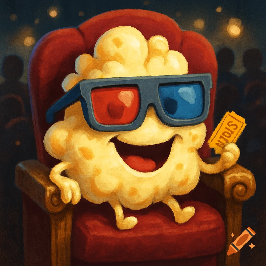 A cartoon popcorn kernel with 3D glasses holds a movie ticket while sitting in a red theater seat, with blurry audience members in the background.