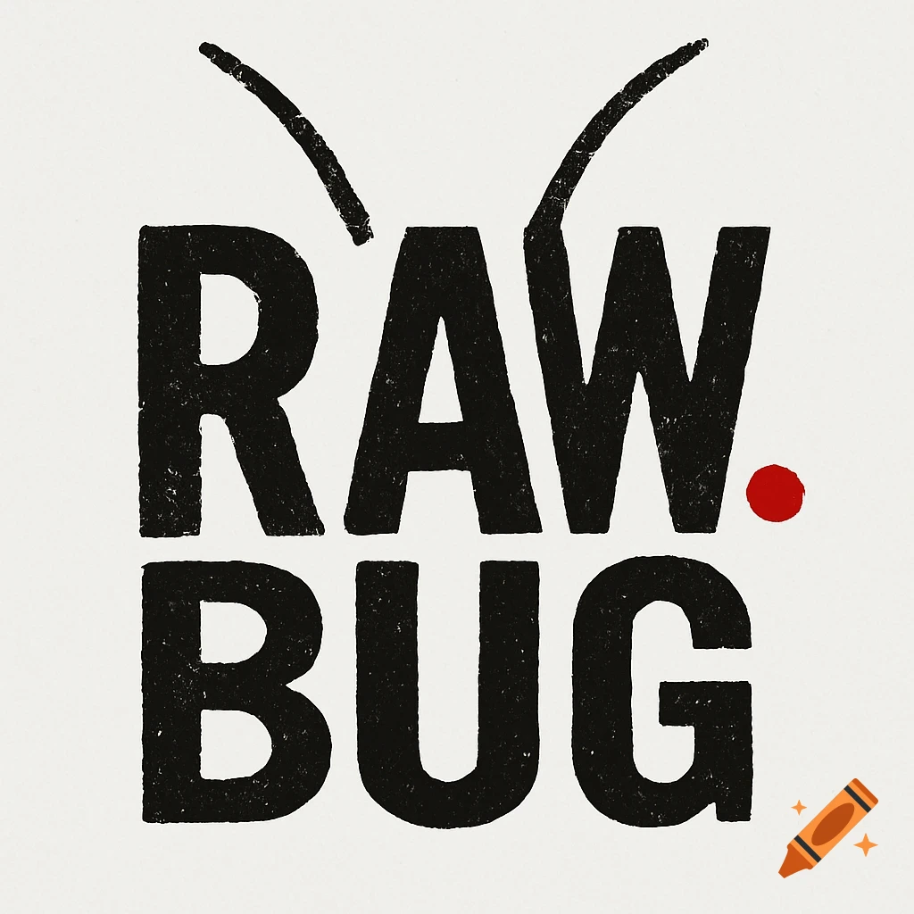 Grunge style logo with black textured text "RAW. BUG", abstract antennae, and a red dot on a white background.