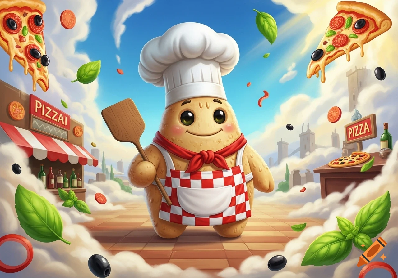 A cute, smiling, potato-like chef character in a hat and apron holds a pizza peel, surrounded by floating pizza slices, basil, olives, and pizza shops in a whimsical sky.