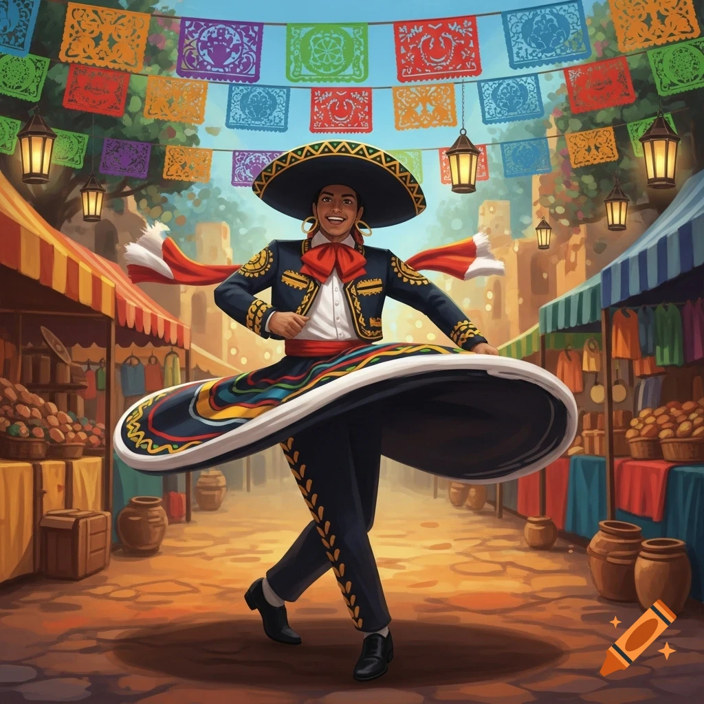 A person in a traditional charro suit and sombrero dances in a vibrant outdoor market with colorful papel picado banners overhead.