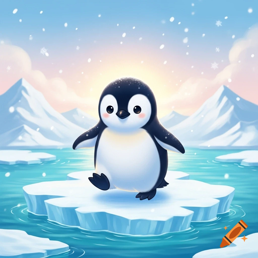 A cute cartoon baby penguin stands on an ice floe in a blue arctic ocean with snowy mountains and a pastel sky, as snow falls.