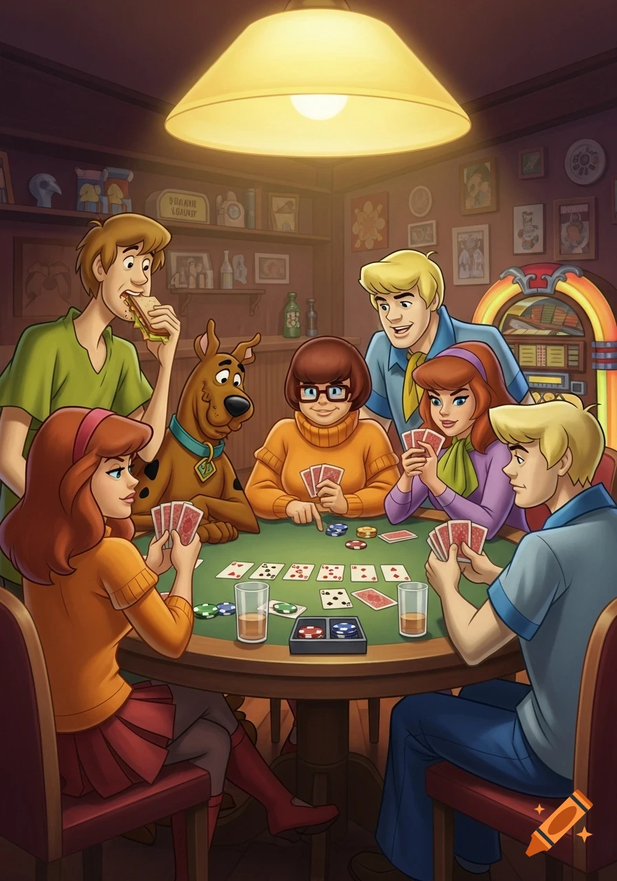 Scooby-Doo characters Shaggy, Scooby, Velma, Fred, Daphne, and another male character play poker around a table in a dimly lit room with a jukebox.