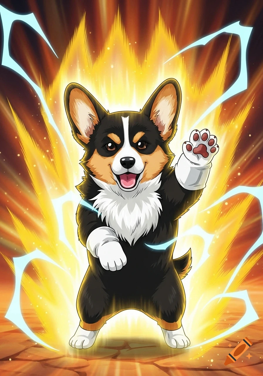 An anime-style black and white corgi with a Super Saiyan-like transformation, surrounded by a vibrant yellow aura and blue lightning.