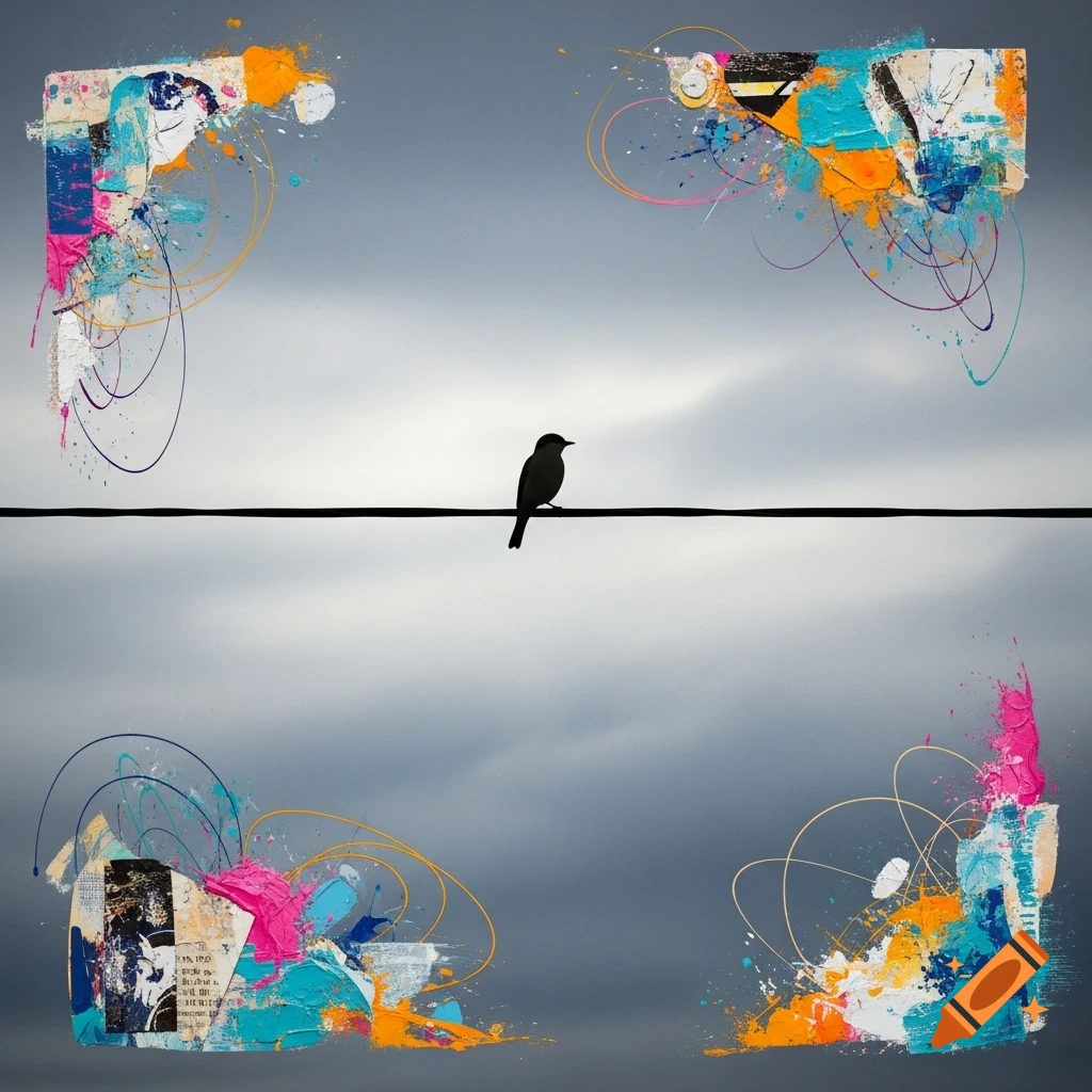 A black bird silhouette on a wire against a cloudy sky, framed by colorful abstract mixed-media paint splatters.