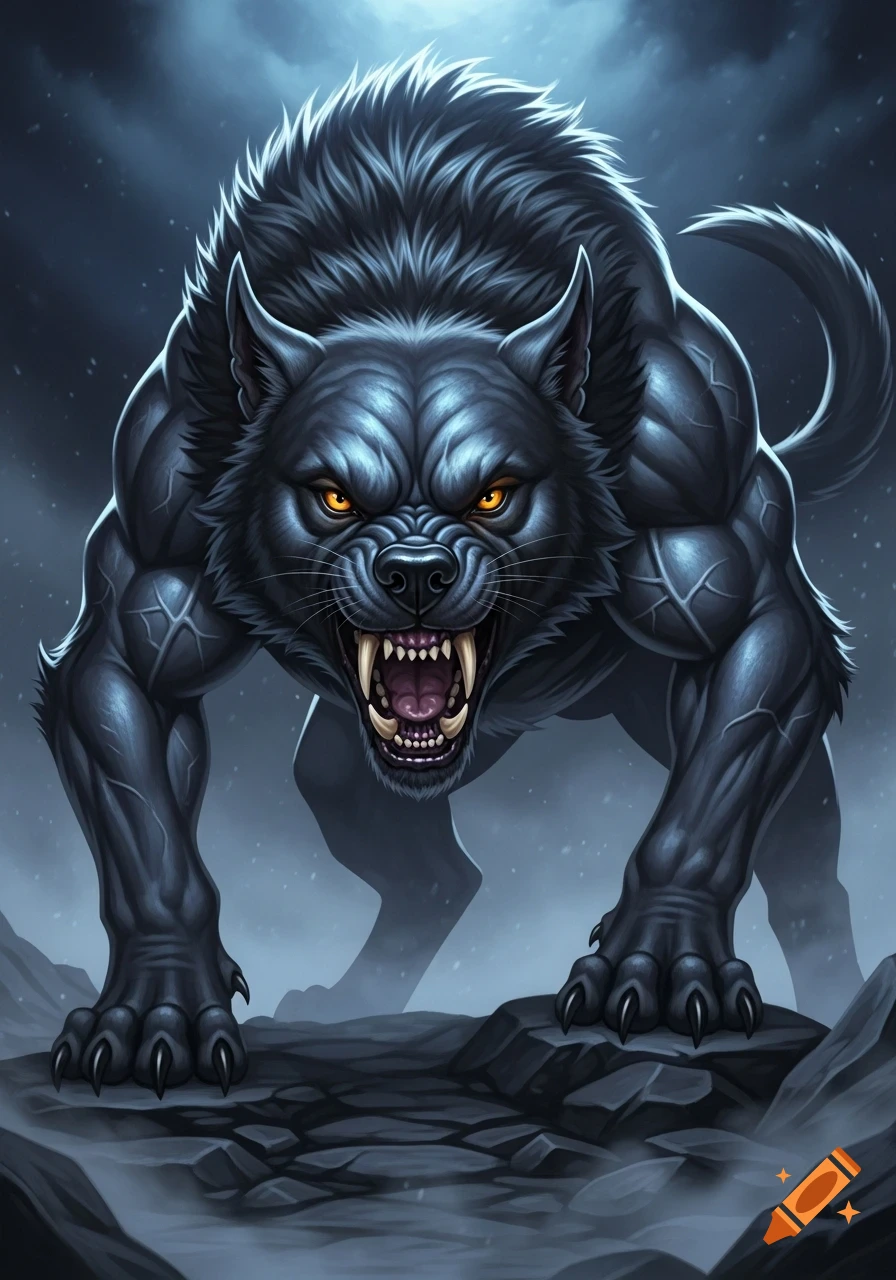 A ferocious, muscular black wolf-like creature with glowing orange eyes snarls, its sharp teeth bared, in a dark, atmospheric setting.