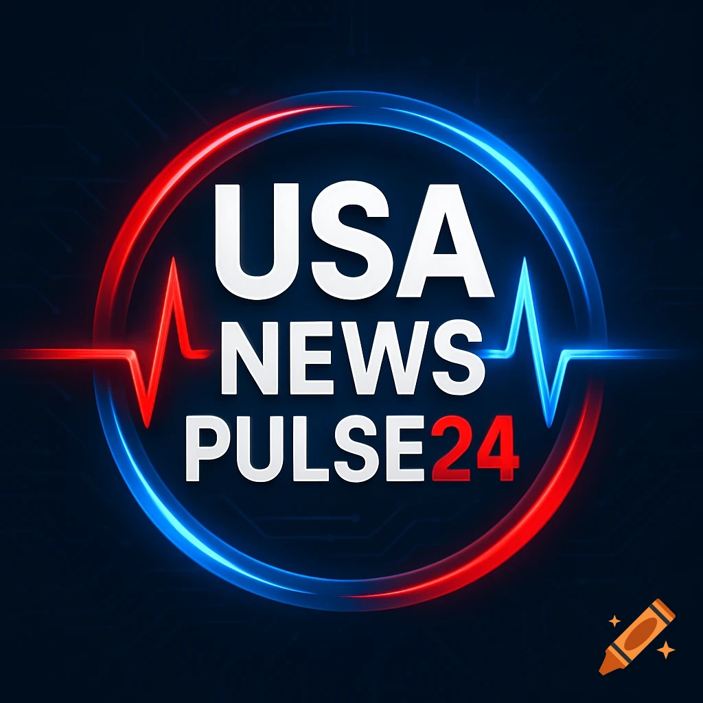 Digital logo for 'USA NEWS PULSE24' with white text inside a circle of glowing red and blue pulse lines on a dark background.