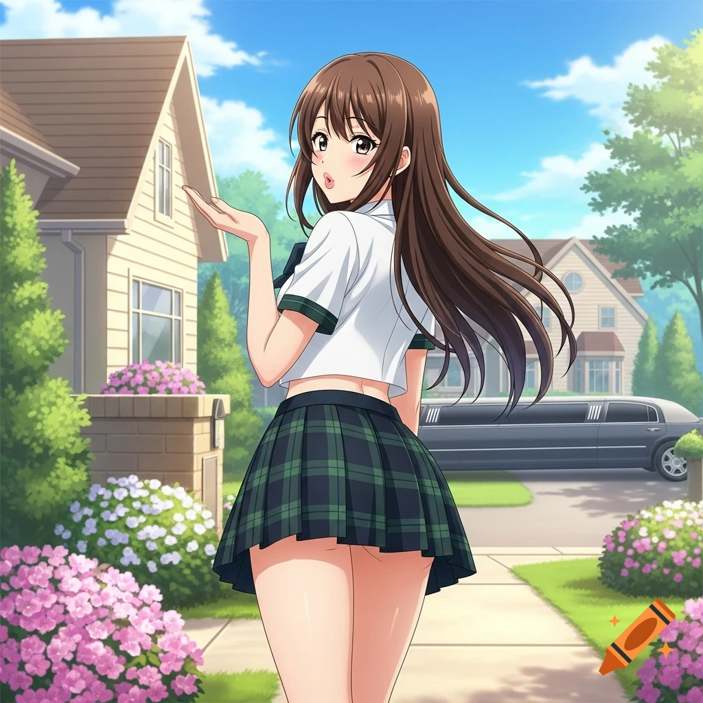 Anime schoolgirl with long brown hair in a plaid mini-skirt and cropped shirt poses on a suburban street with houses and a limo.