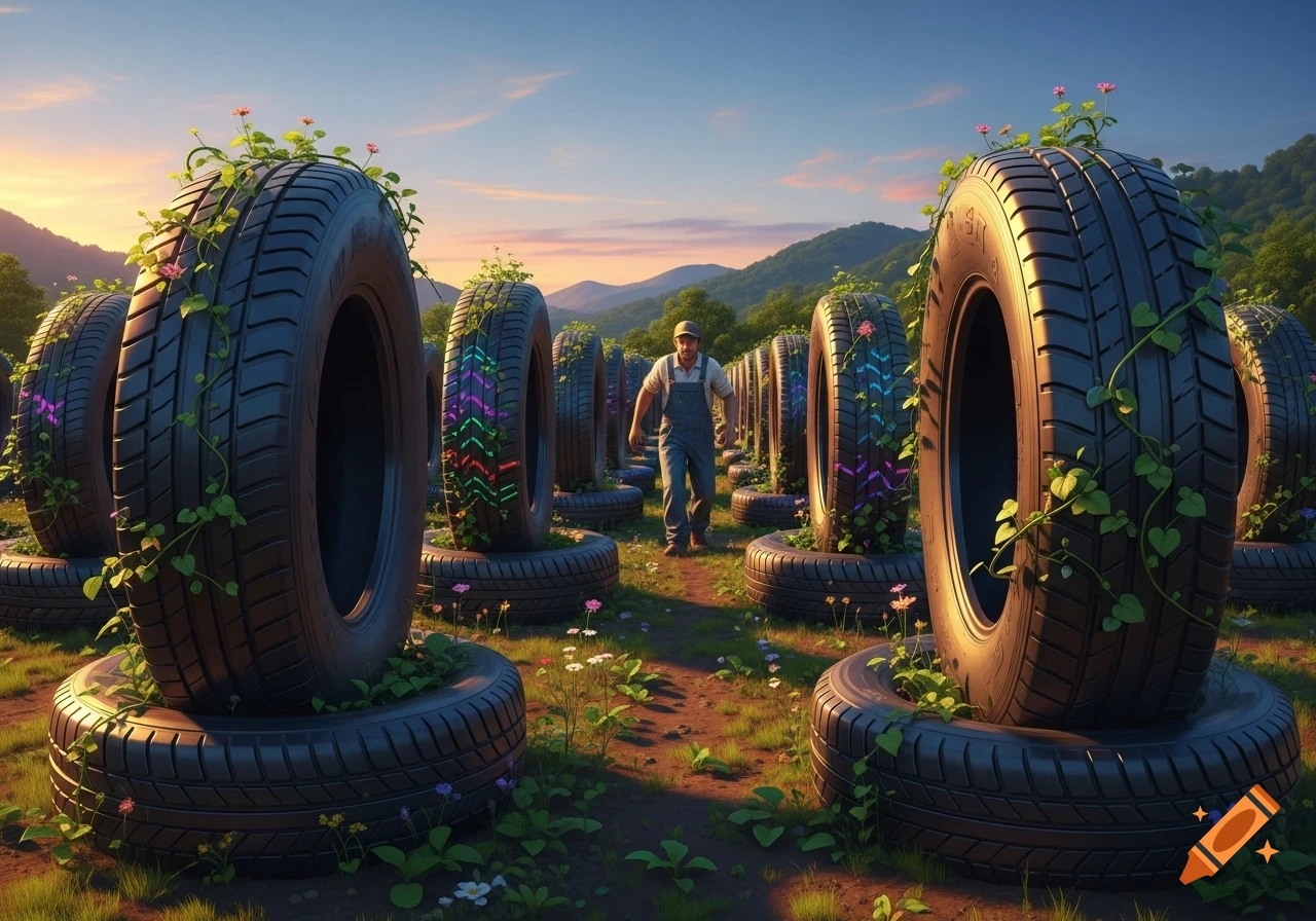 A man in overalls walks through a field where large tires, overgrown with vines and flowers, are arranged in rows at sunset.