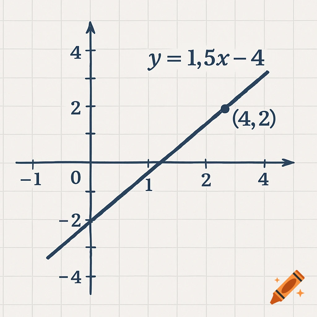 A hand-drawn style graph showing the linear function y = 1,5x - 4 on a grid, with the point (4, 2) marked.
