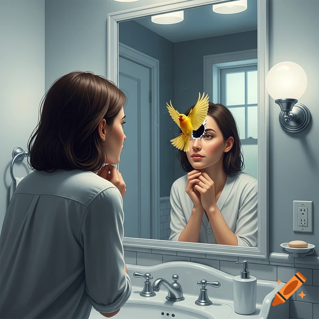 A woman looks at her reflection in a bathroom mirror, where a yellow ...