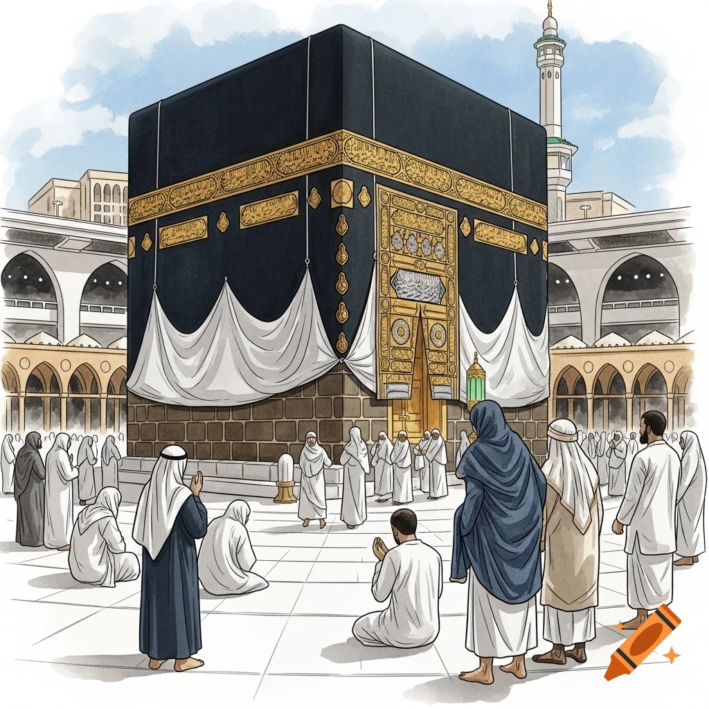 Watercolor illustration of people performing Tawaf around the black cube-shaped Kaaba at Masjid al-Haram, Makkah.