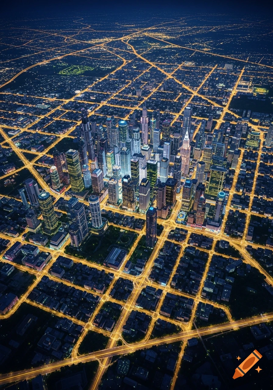 Photorealistic aerial view of a sprawling city at night with illuminated streets forming a grid and bright skyscrapers.