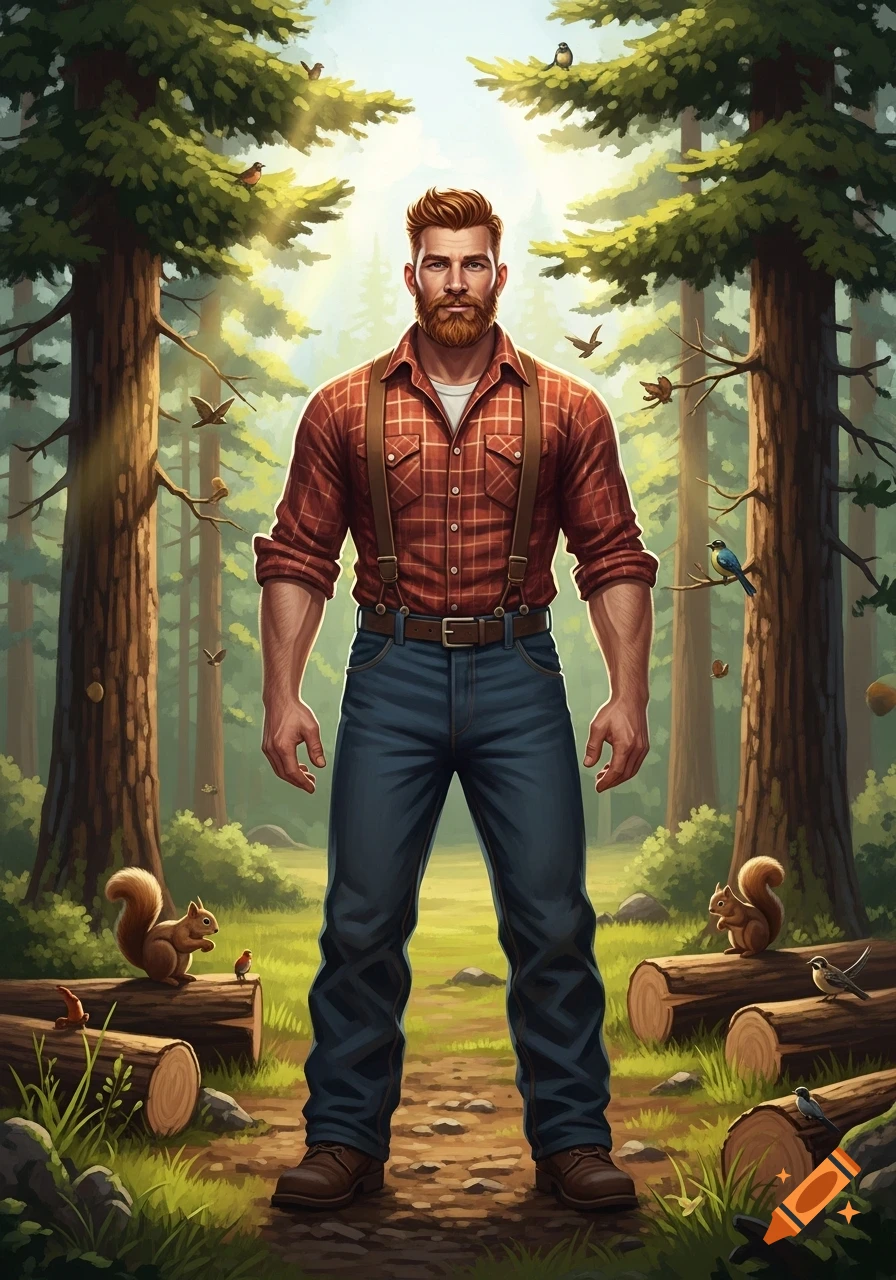 A bearded lumberjack in a plaid shirt and suspenders stands in a sunlit forest with trees, squirrels, and birds. Digital art.