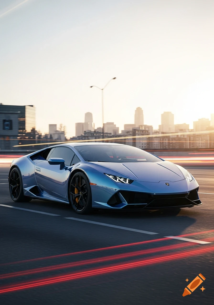A sleek blue Lamborghini Huracan drives on a multi-lane road at sunset, with a city skyline in the background.