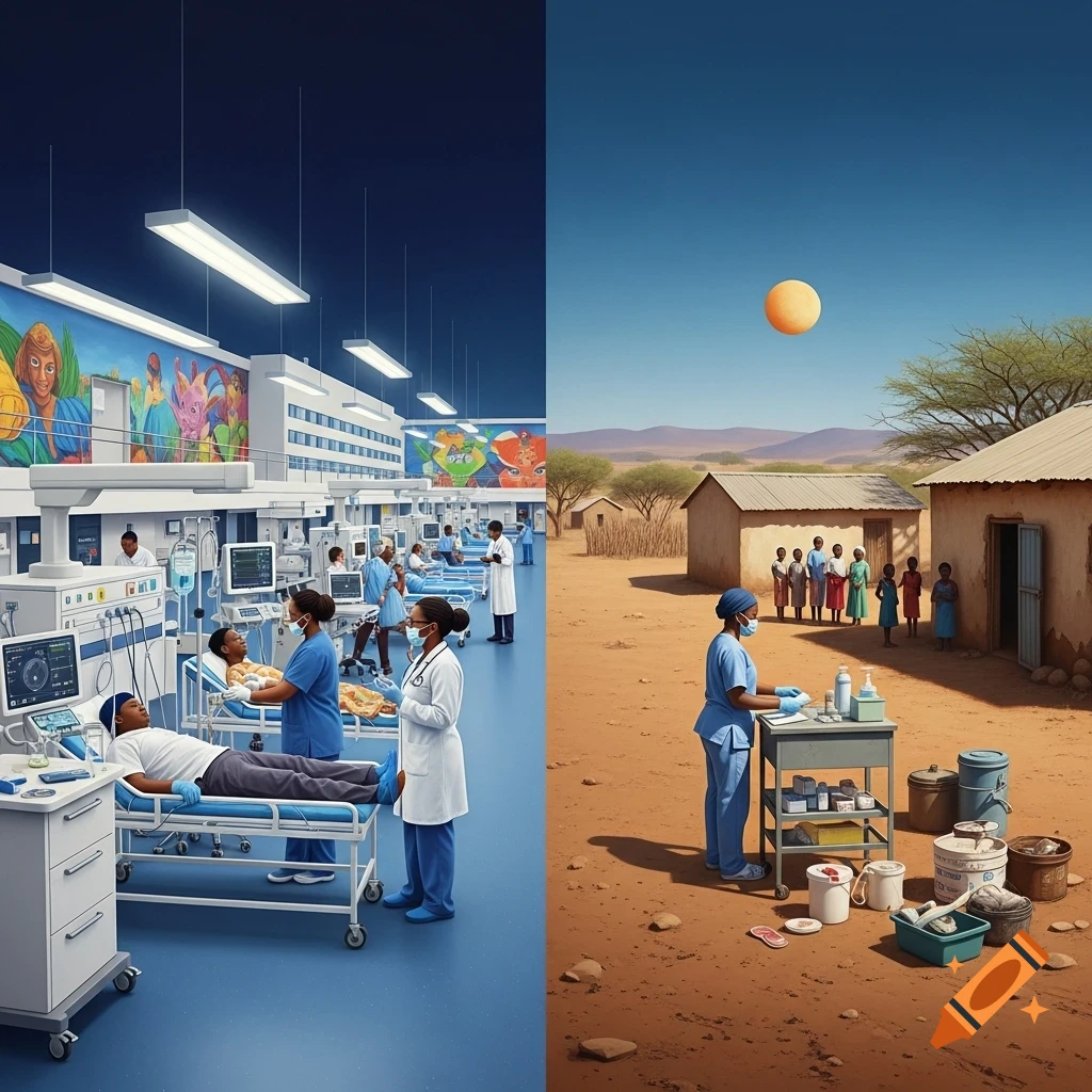 A diptych contrasting a modern hospital ward with medical equipment and staff, with a rural outdoor medical station in a village of mud huts.