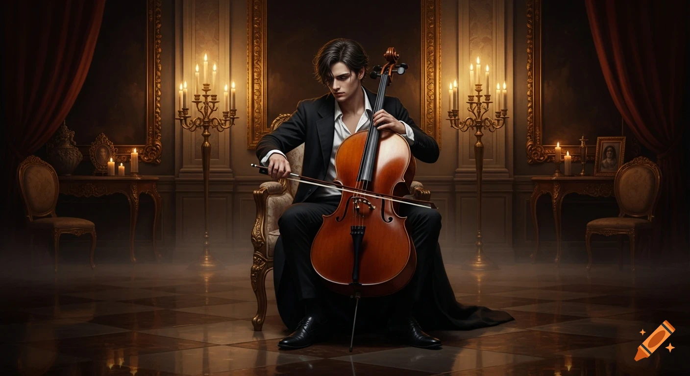 A melancholic young man in a black suit plays cello in a grand, candlelit neoclassical room, hyperrealistic with dramatic chiaroscuro.