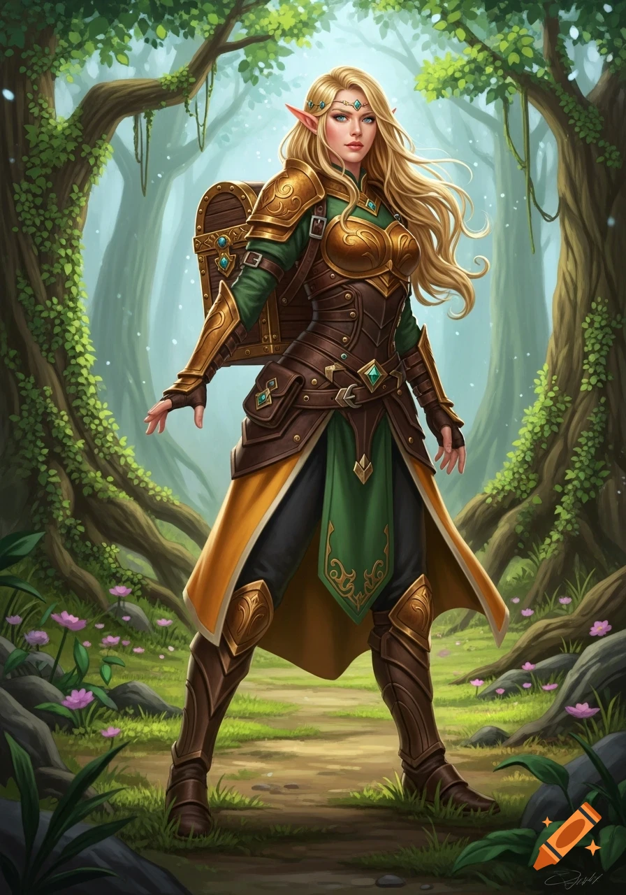 Blond elf woman in detailed leather and gold armor, carrying a treasure chest backpack, stands on a forest path, digital painting.