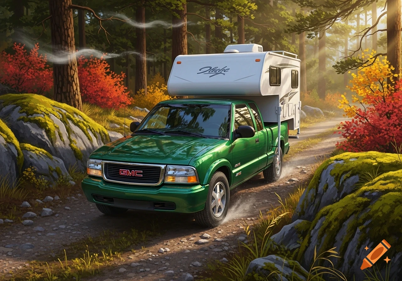 A green GMC pickup truck with a white camper drives on a dirt road through an autumn forest, with colorful trees and mossy rocks.