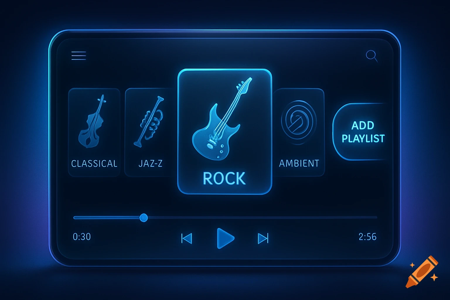 A glowing blue digital media player interface displaying music genres like Classical, Jaz-Z, Rock, and Ambient, with playback controls and an 'Add Playlist' button.