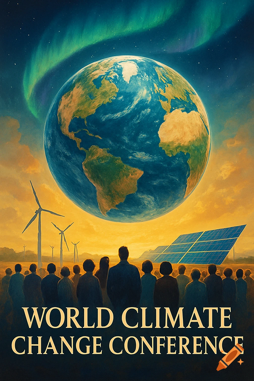 Stylized poster for a World Climate Change Conference, featuring Earth, an aurora, a crowd, wind turbines, and solar panels.