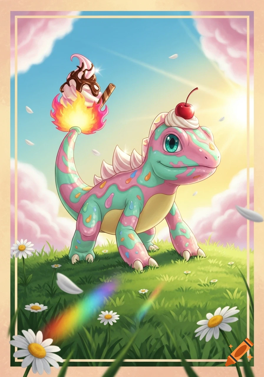 A cute, ice cream-themed Charmeleon-like creature with pink and teal patterns, a flaming ice cream tail, and a cherry on its head, stands in a sunny grassy field.