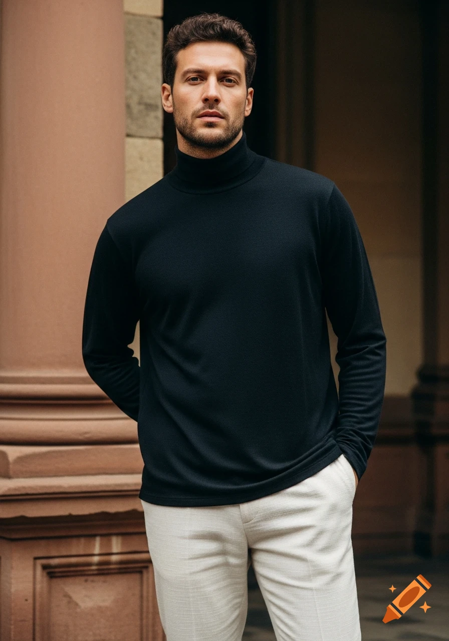 A man in a black turtleneck and cream pants stands outside an old building with a stone pillar.