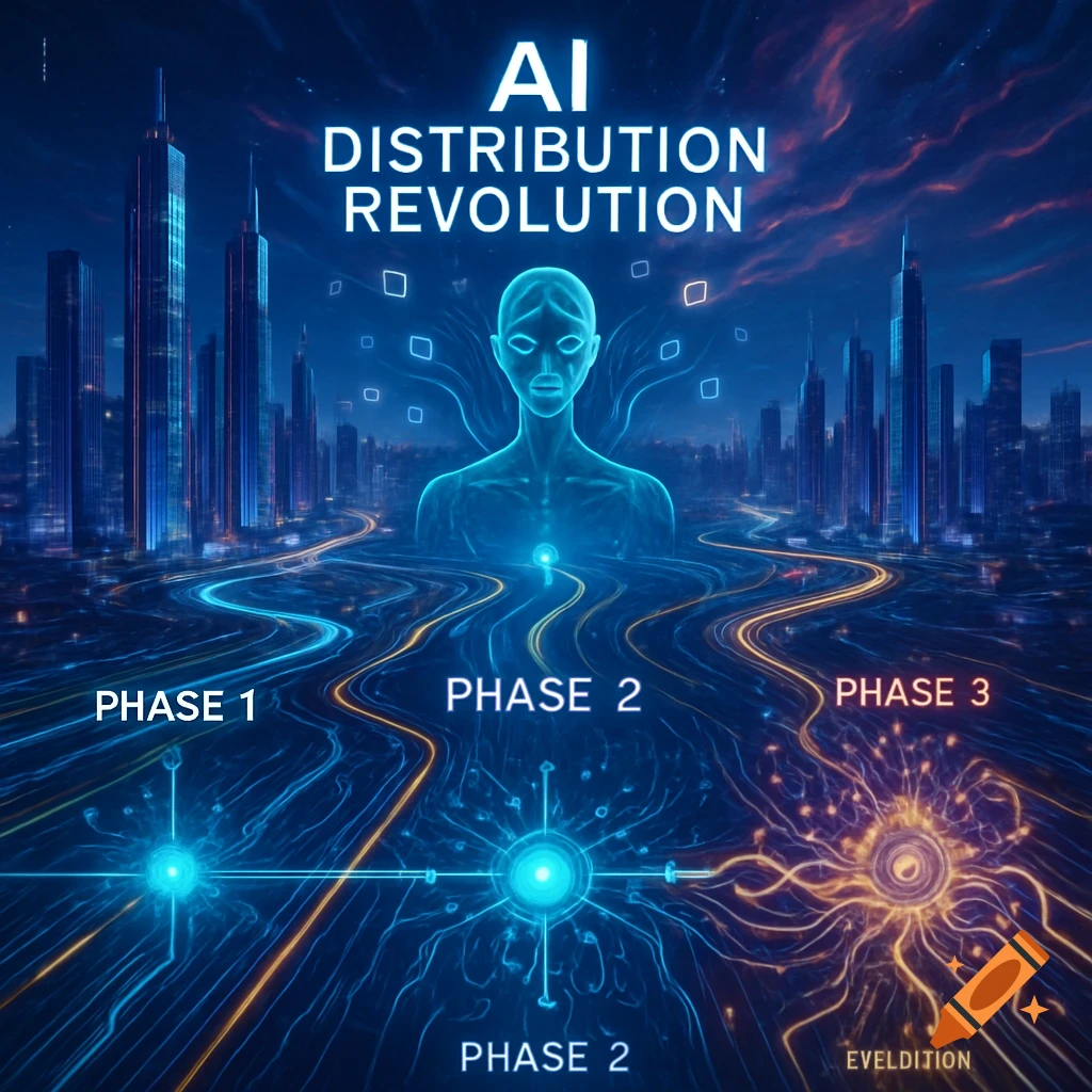 Futuristic cityscape with glowing blue data streams connecting a holographic AI figure and three phases of technological development.