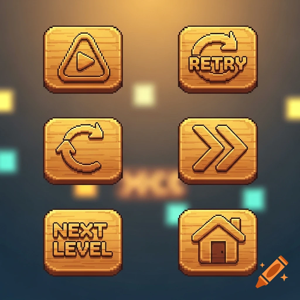 Six pixel art wooden game buttons, including play, retry, next level, refresh, fast-forward, and home icons.