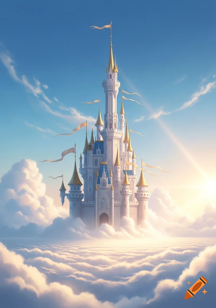 A majestic white and gold fantasy castle with blue roofs floating in a sea of clouds under a bright blue sky.