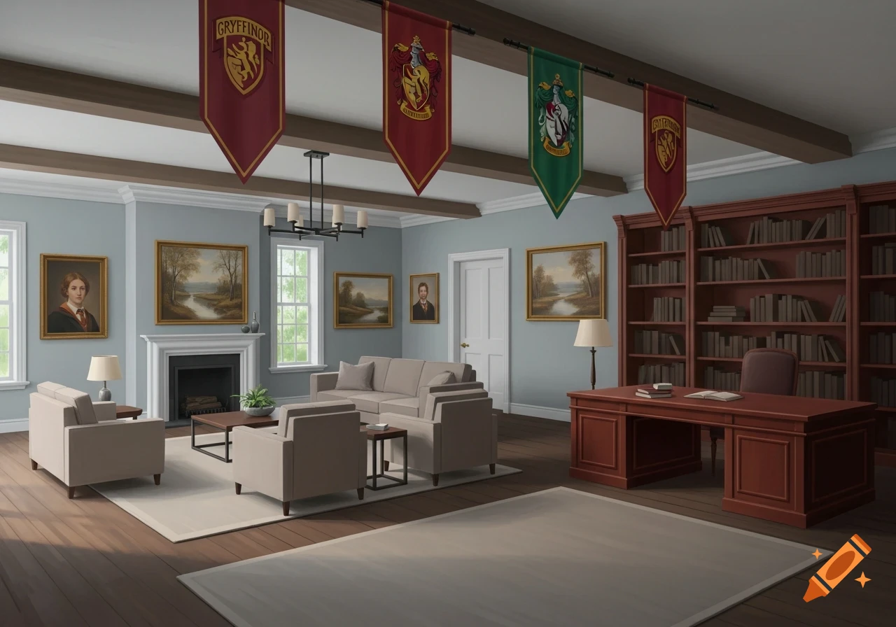An elegant, well-lit room resembling a magical common room, with a fireplace, comfortable sofas, a large desk, bookshelves, and banners with house crests, including Gryffindor, hanging from the ceiling.