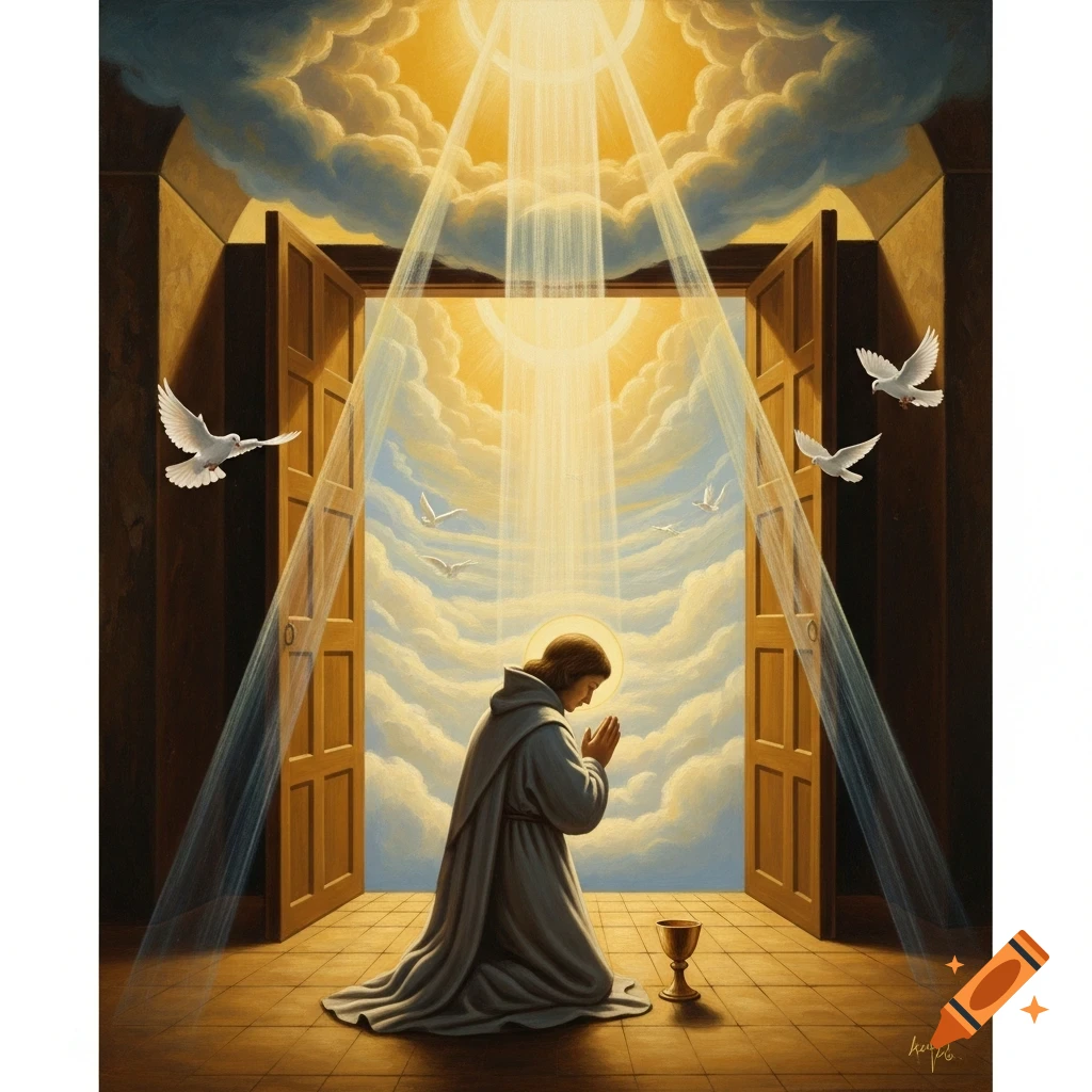 Renaissance painting of a figure in robes kneeling in prayer, bathed in divine light from an open doorway revealing a celestial sky with doves.