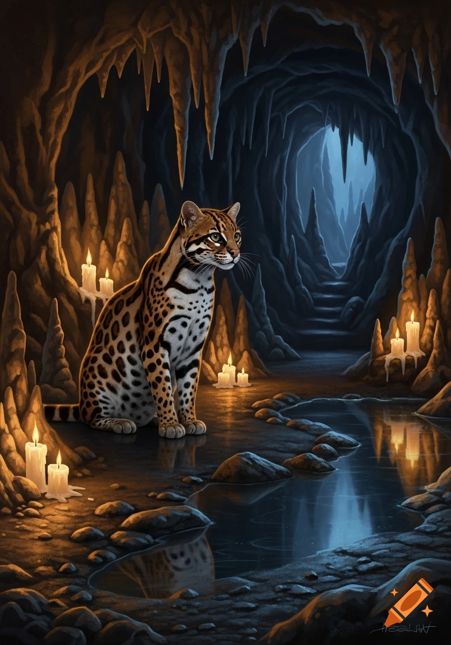 An ocelot sits on a polished floor in a candle-lit cave with a pool of water.