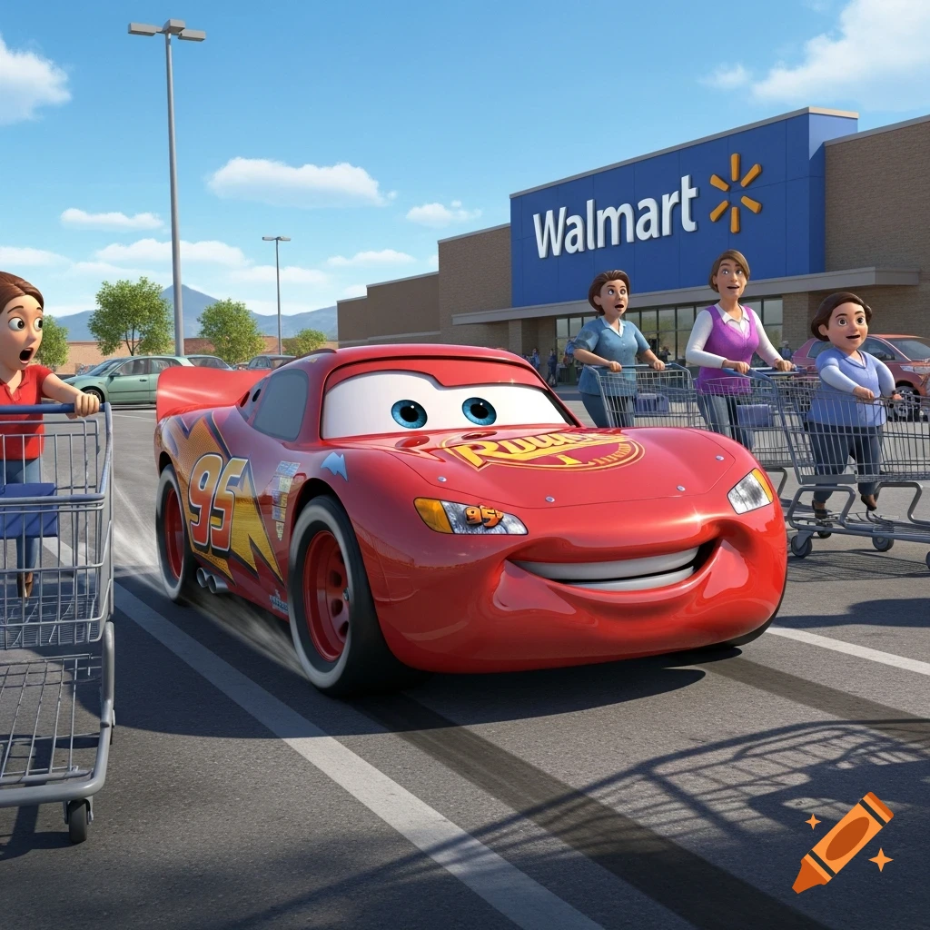 Animated Lightning McQueen drives in a Walmart parking lot, surrounded by people with shopping carts.