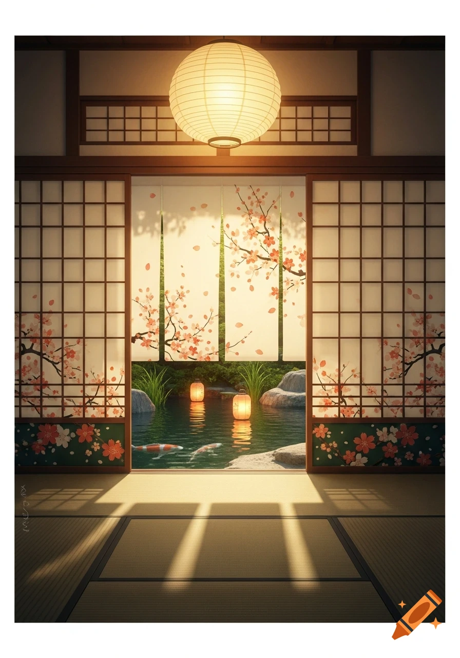 Japanese room with shoji screens open to a serene garden pond with koi fish, glowing lanterns, and cherry blossoms. Illustration.