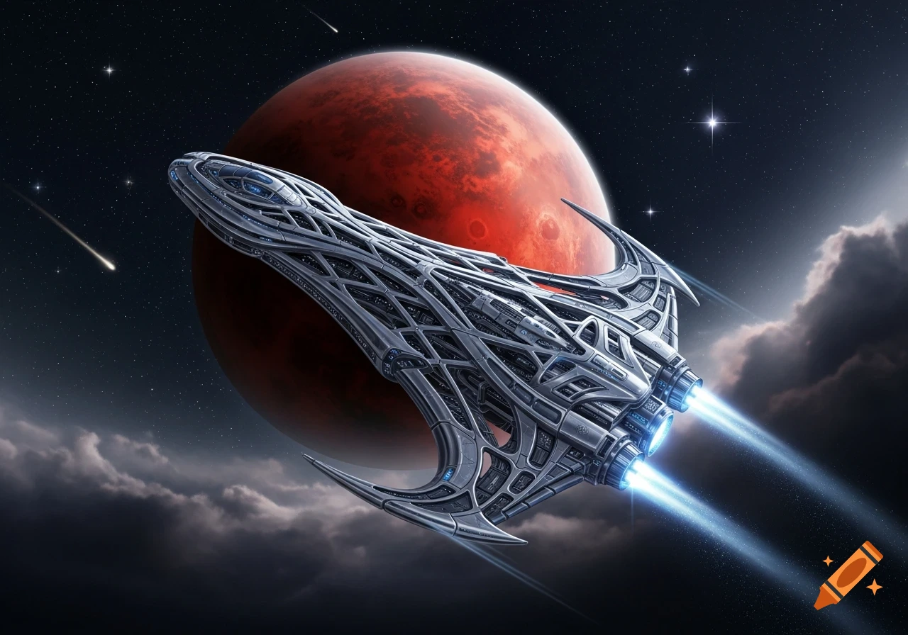 A detailed alien spaceship with glowing blue engines flies past a large red planet in deep space with distant stars and meteors.