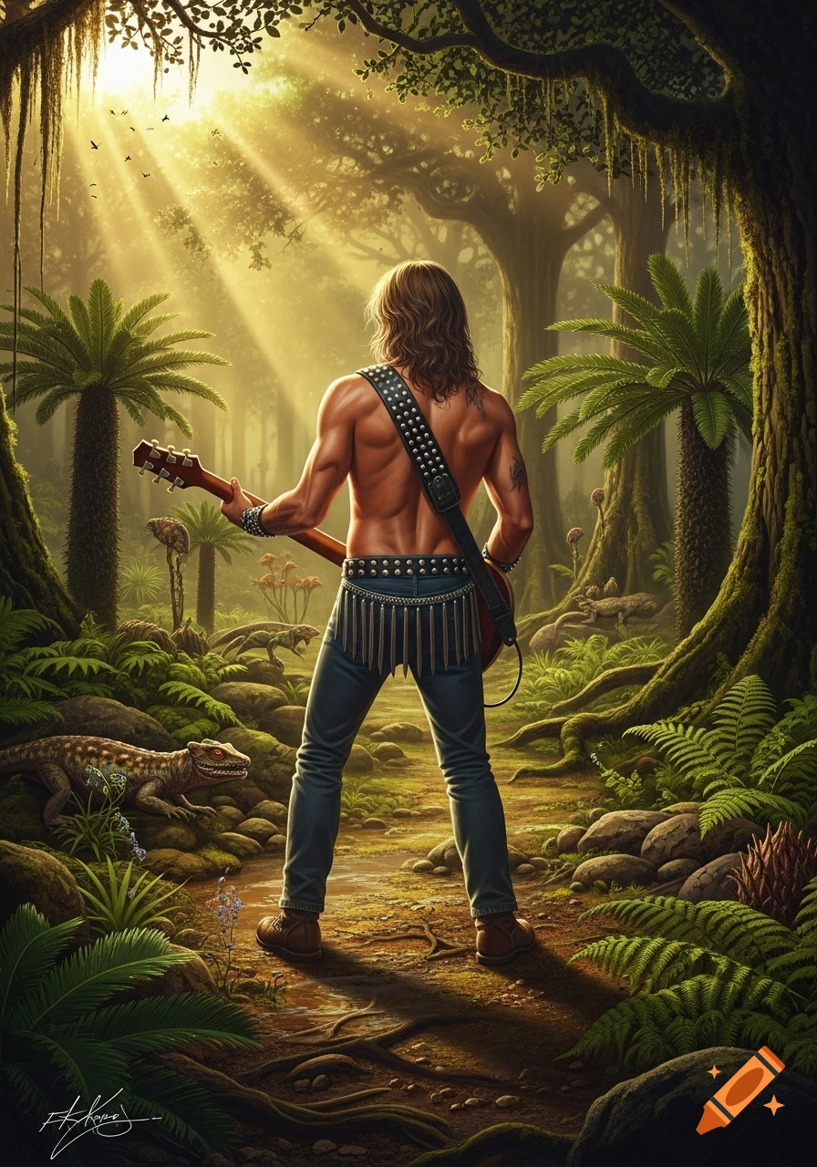 A shirtless man with long hair, wearing a studded guitar strap and jeans, stands in a lush, sun-dappled prehistoric jungle with lizards.