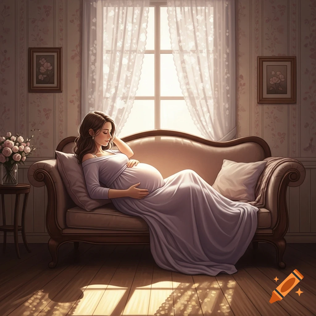 A serene pregnant woman in a long lavender dress lies on a sofa, cradling her belly in a sunlit room.