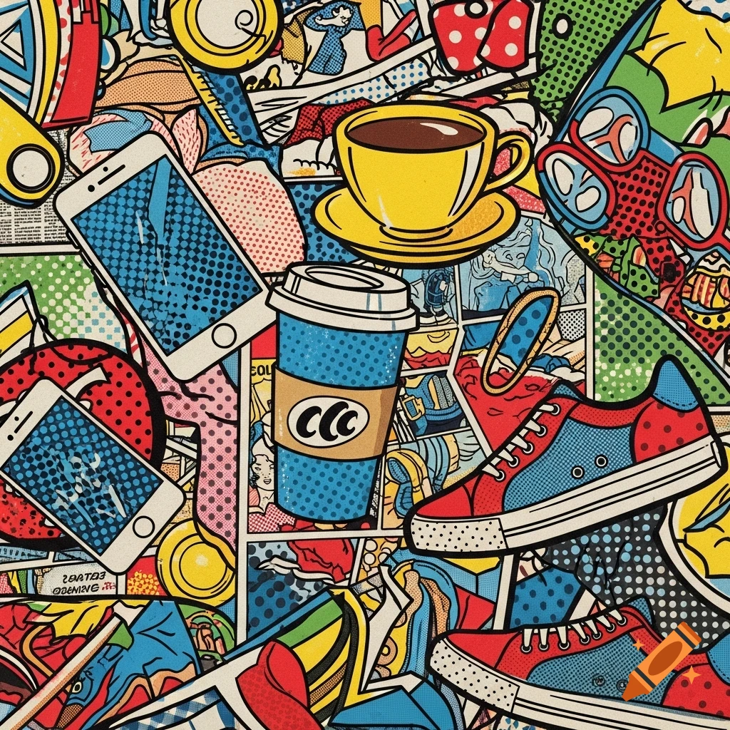 A vibrant pop art collage featuring contemporary everyday objects like smartphones, sneakers, a coffee cup, sunglasses, and comic book panels in bright primary colors and halftone dots.