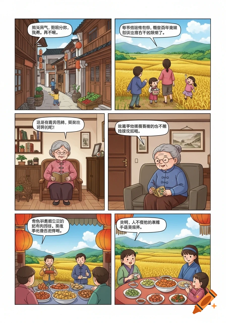 A multi-panel comic strip illustrating scenes of rural life, including a street, people in golden fields, an elderly woman reading, and a family sharing a meal, in a clean illustrative style.