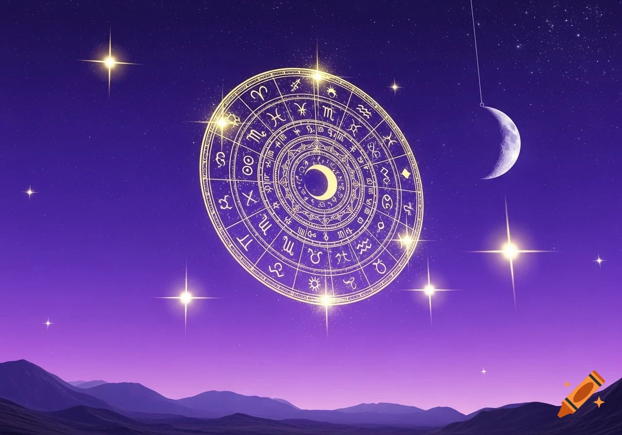 Surrealist violet artwork of a glowing yellow astrological mandala, crescent moon, and stars over mountains.