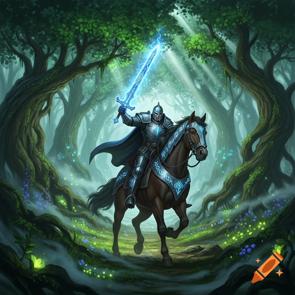 Armored knight on horseback in a mystical forest, holding a glowing blue sword as sun rays shine through the trees.