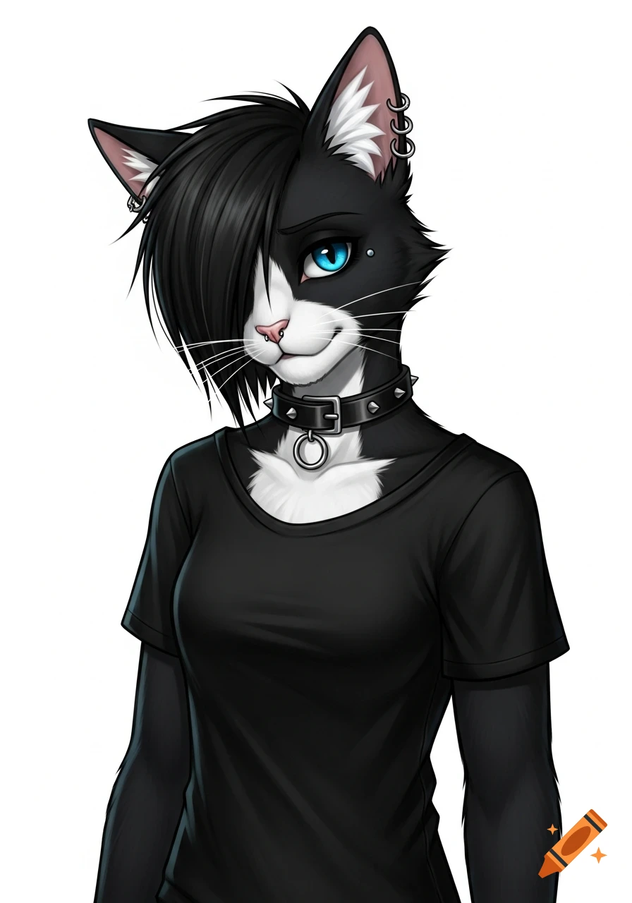 A black and white anthropomorphic cat with blue eyes, emo hairstyle, piercings, and a spiked collar, wearing a black t-shirt.