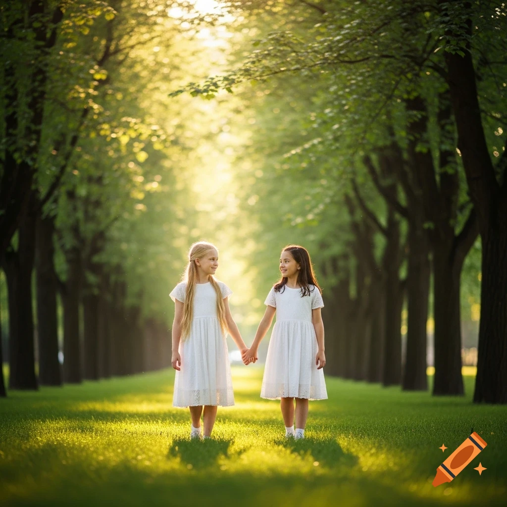 Two girls in white dresses hold hands while walking on lush green grass in a sunlit park with tall trees.