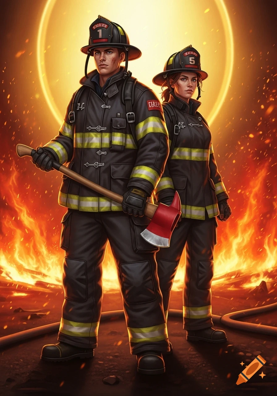 Stylized male firefighter with an axe and a female firefighter stand against a blazing fire and a bright sun-like background.