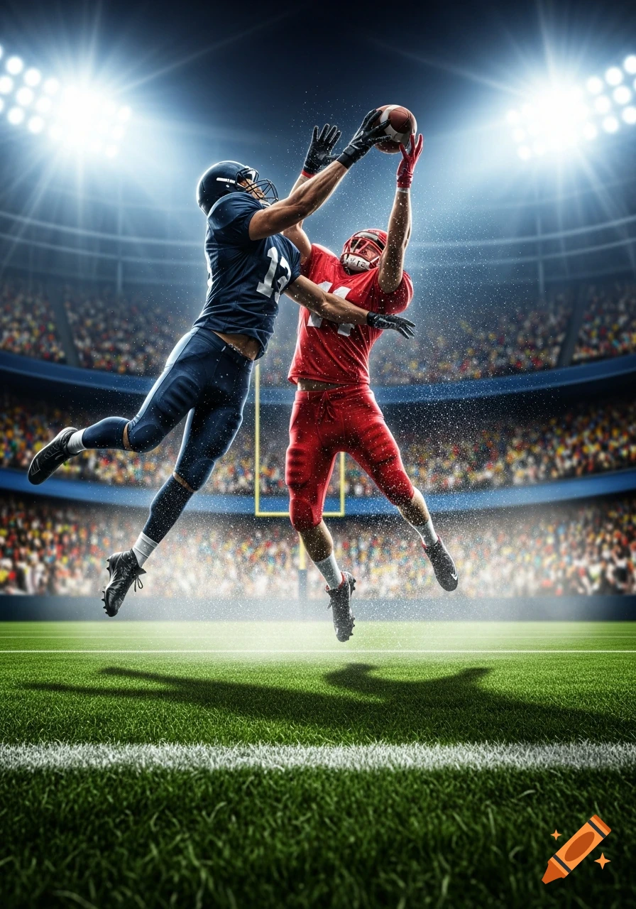 Two American football players in blue and red jerseys jump mid-air, hands extended to catch a football in a brightly lit stadium.