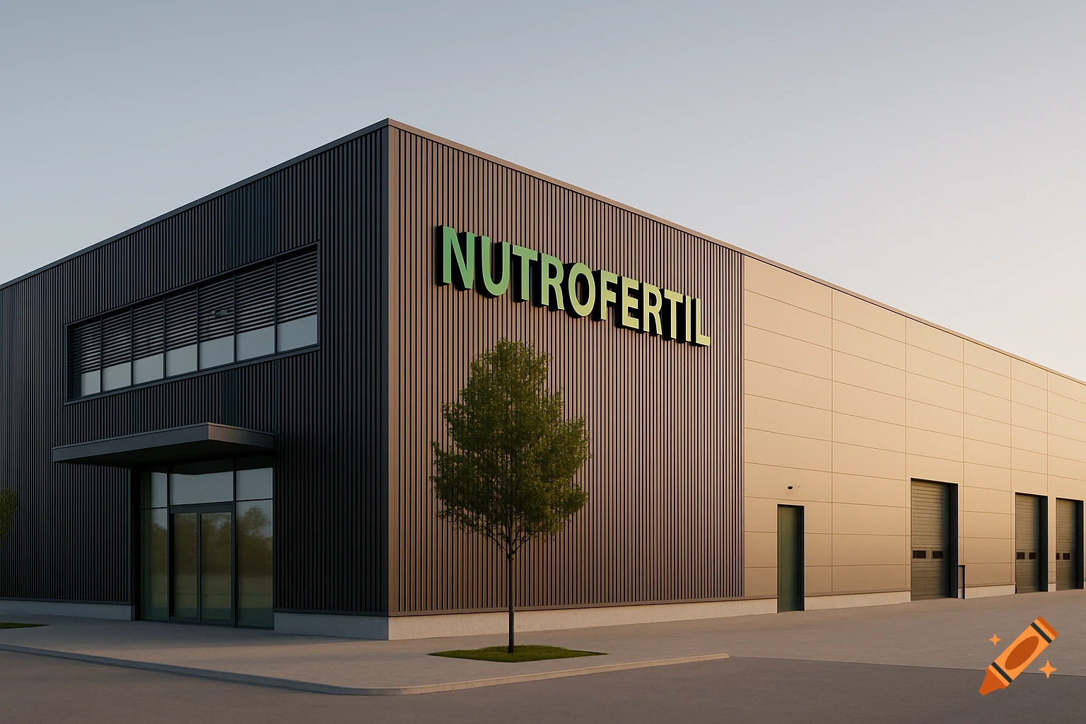 Photorealistic corner view of a modern industrial warehouse with "NUTROFERTIL" sign, large windows, an entrance, a tree, and loading docks under a clear sky.