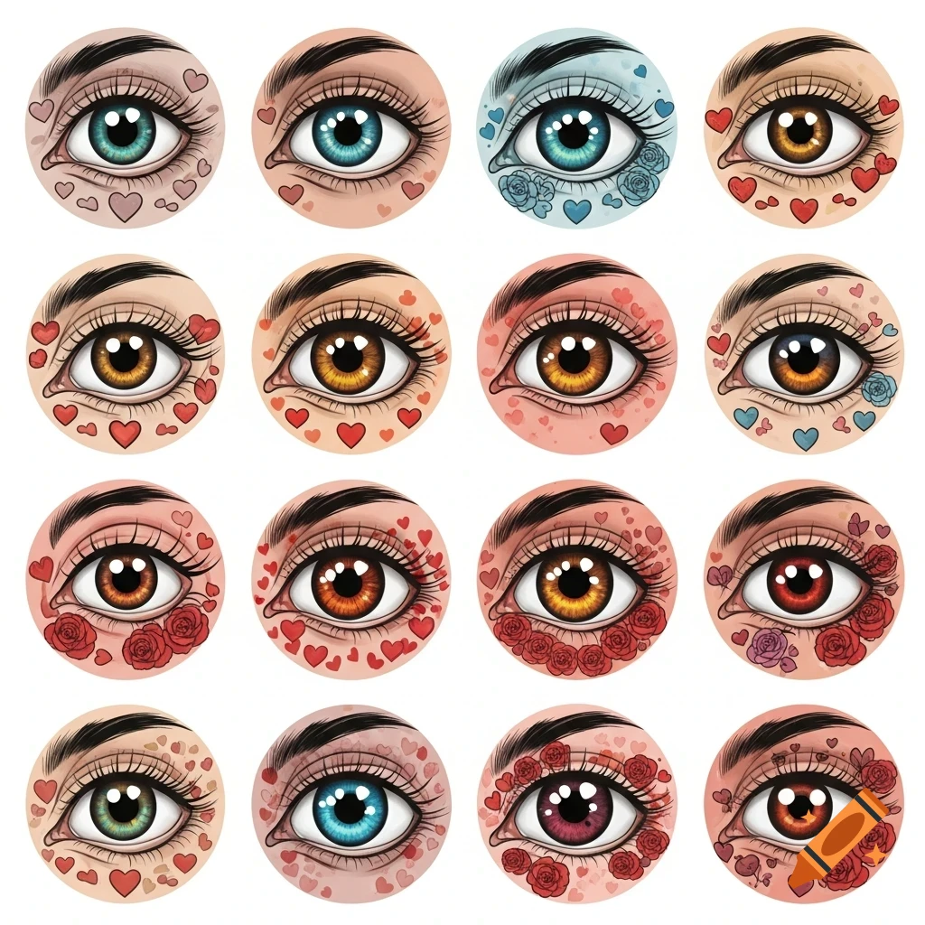 A grid of 12 circular illustrations of human eyes with varying iris colors, decorated with hearts and roses.