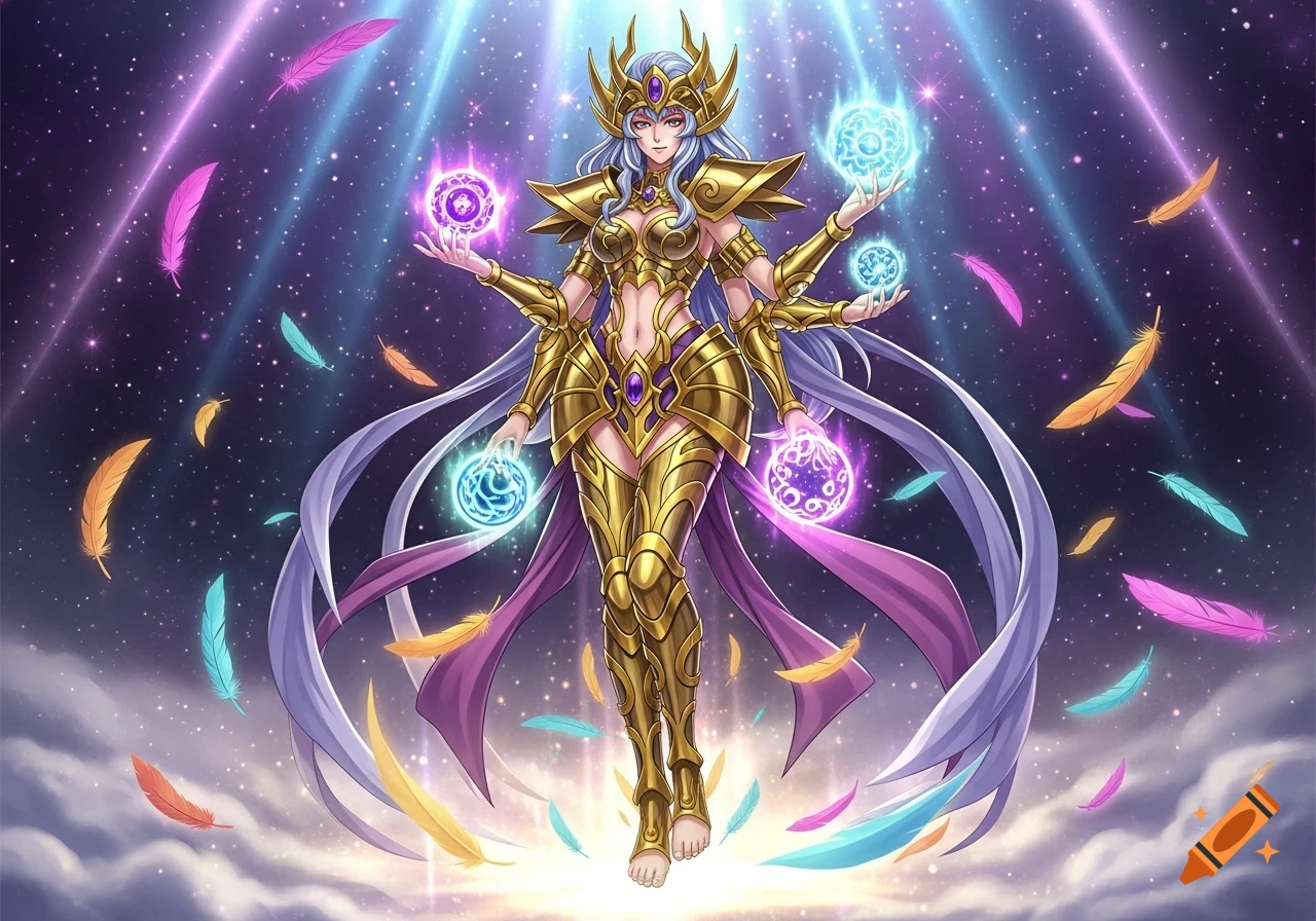 Anime goddess with four arms in golden armor, holding glowing orbs, surrounded by colorful feathers in a starry sky.