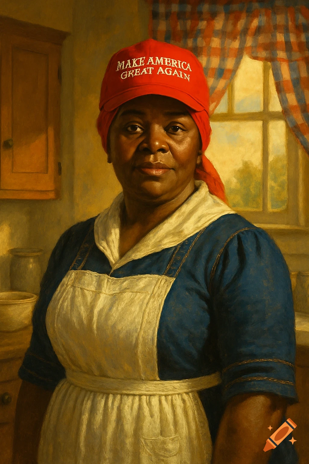A painterly portrait of a Black woman in a red "MAKE AMERICA GREAT AGAIN" hat, blue dress, and white apron, in a kitchen.