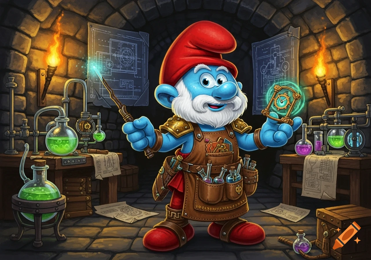 Papa Smurf as a blue-skinned, white-bearded artificer, holding a glowing wand and an artifact in a stone laboratory.